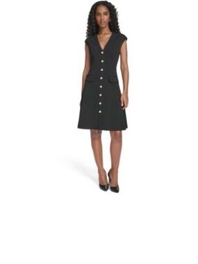 Tommy Hilfiger Black V-Neck Button-Front Midi Dress